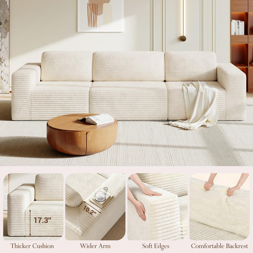 119" Modular Sectional Sofa, Corduroy Cloud Couch with Deep Seating & Spring Support, 3 Seater Flexible Layout Sofa, Boneless Couch for Living Room & Apartment, No Assembly Required, Beige