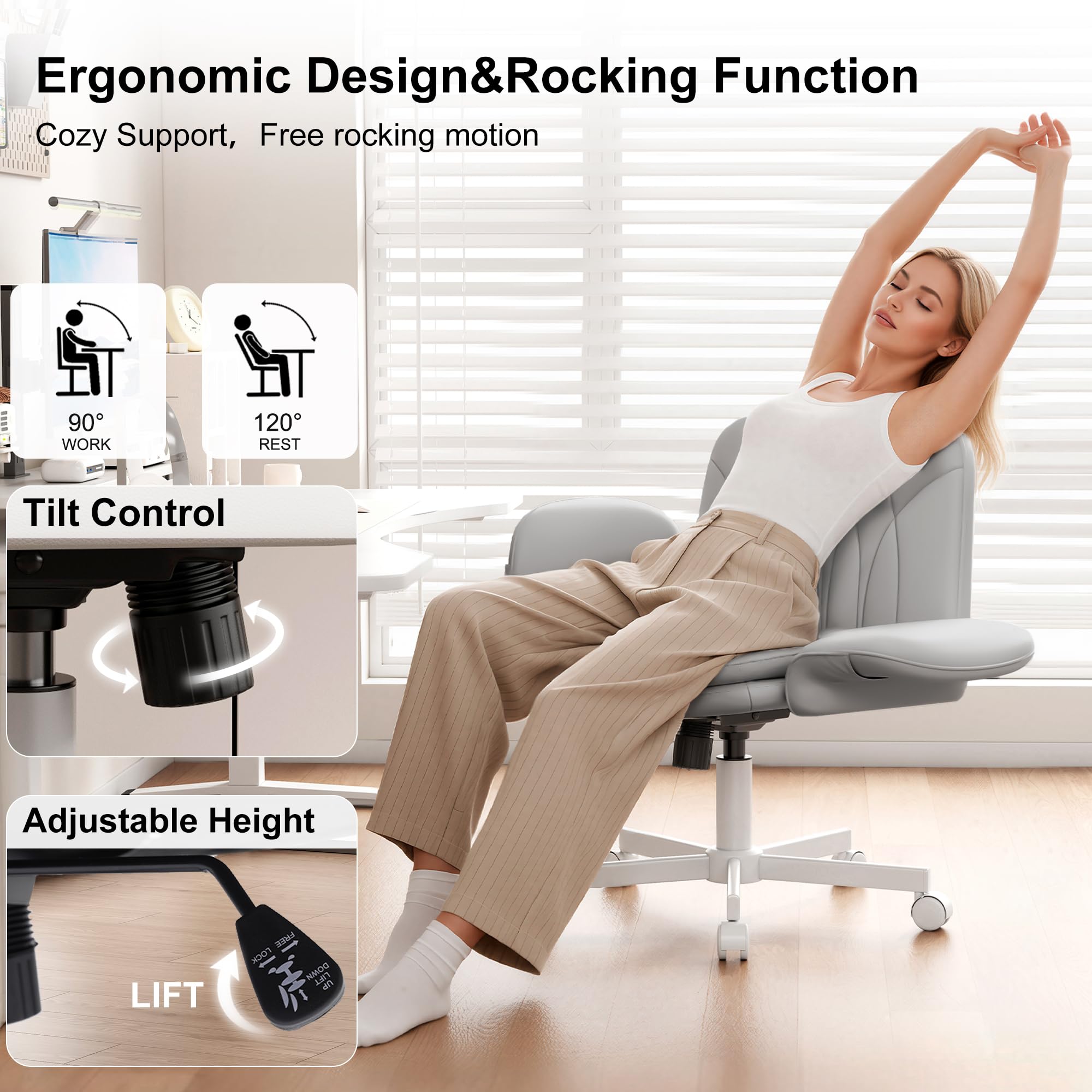 Criss Cross Chair with Armrests & Wheels for Cross-Legged Sitting, Comfortable PU Leather Vanity Chair, Office Desk Chairs with Adjustable Rocking Function, for Home, Bedroom Gray