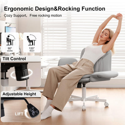 Criss Cross Chair with Armrests & Wheels for Cross-Legged Sitting, Comfortable PU Leather Vanity Chair, Office Desk Chairs with Adjustable Rocking Function, for Home, Bedroom Gray