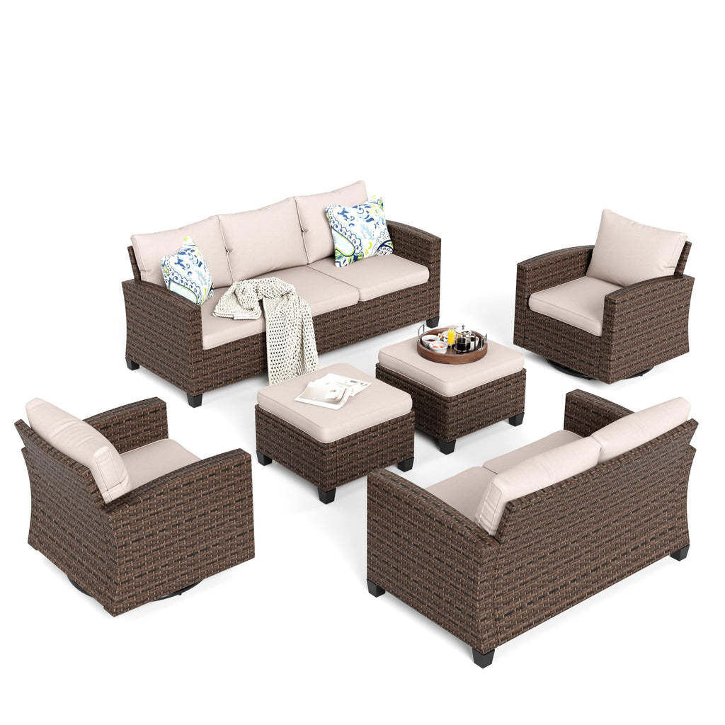 Outdoor Patio Furniture Set with Swivel Glide Chairs, 6 Pieces Wicker Patio Conversation Sofa Sets for Backyard Porch Deck, Beige