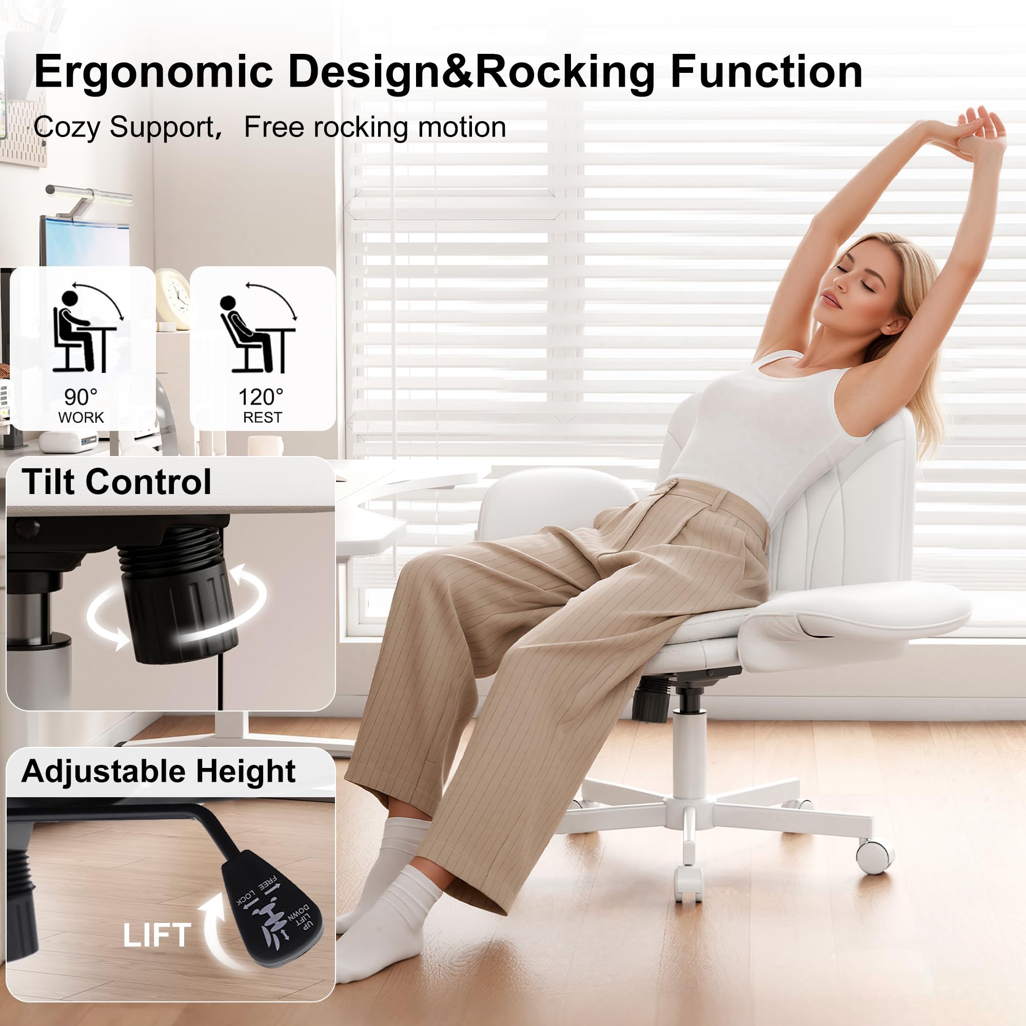 Criss Cross Chair with Armrests & Wheels for Cross-Legged Sitting, Comfortable PU Leather Vanity Chair, Office Desk Chairs with Adjustable Rocking Function, for Home, Bedroom White