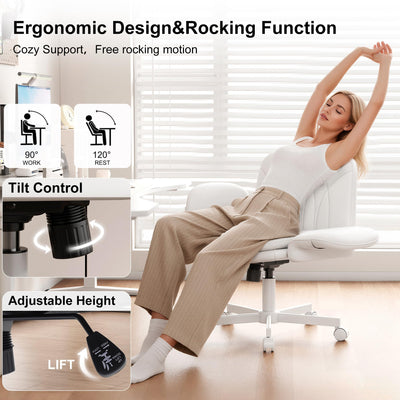 Criss Cross Chair with Armrests & Wheels for Cross-Legged Sitting, Comfortable PU Leather Vanity Chair, Office Desk Chairs with Adjustable Rocking Function, for Home, Bedroom White