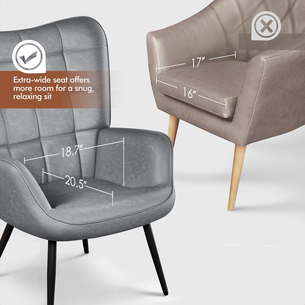Accent Chairs, Large PU Leather High-Back Chair w/Metal Legs, Pottery Barn Style Living Room Chairs for Bedroom/Home Office, Gray, Set of 2