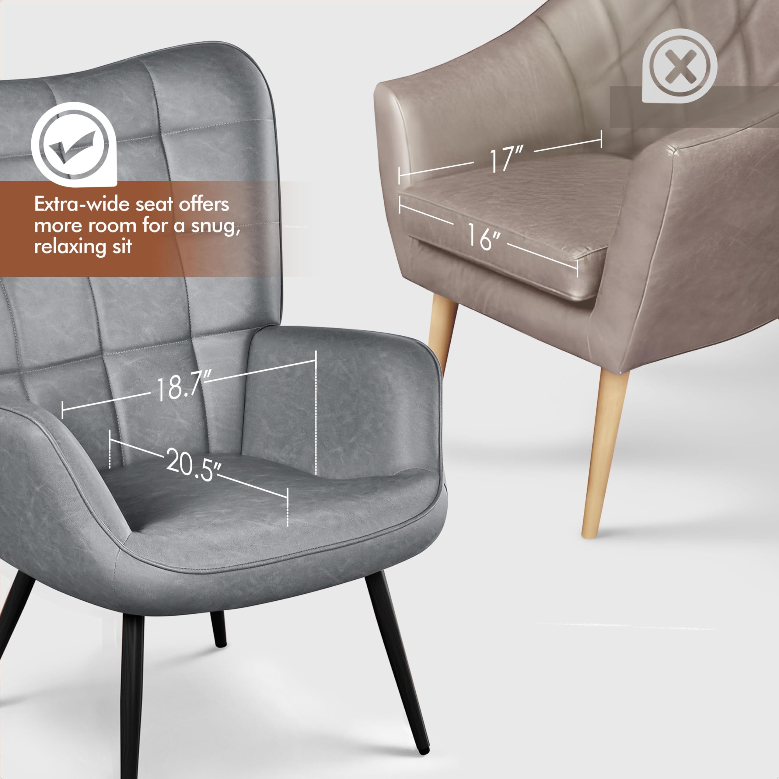 Accent Chairs, Large PU Leather High-Back Chair w/Metal Legs, Pottery Barn Style Living Room Chairs for Bedroom/Home Office, Gray, Set of 2