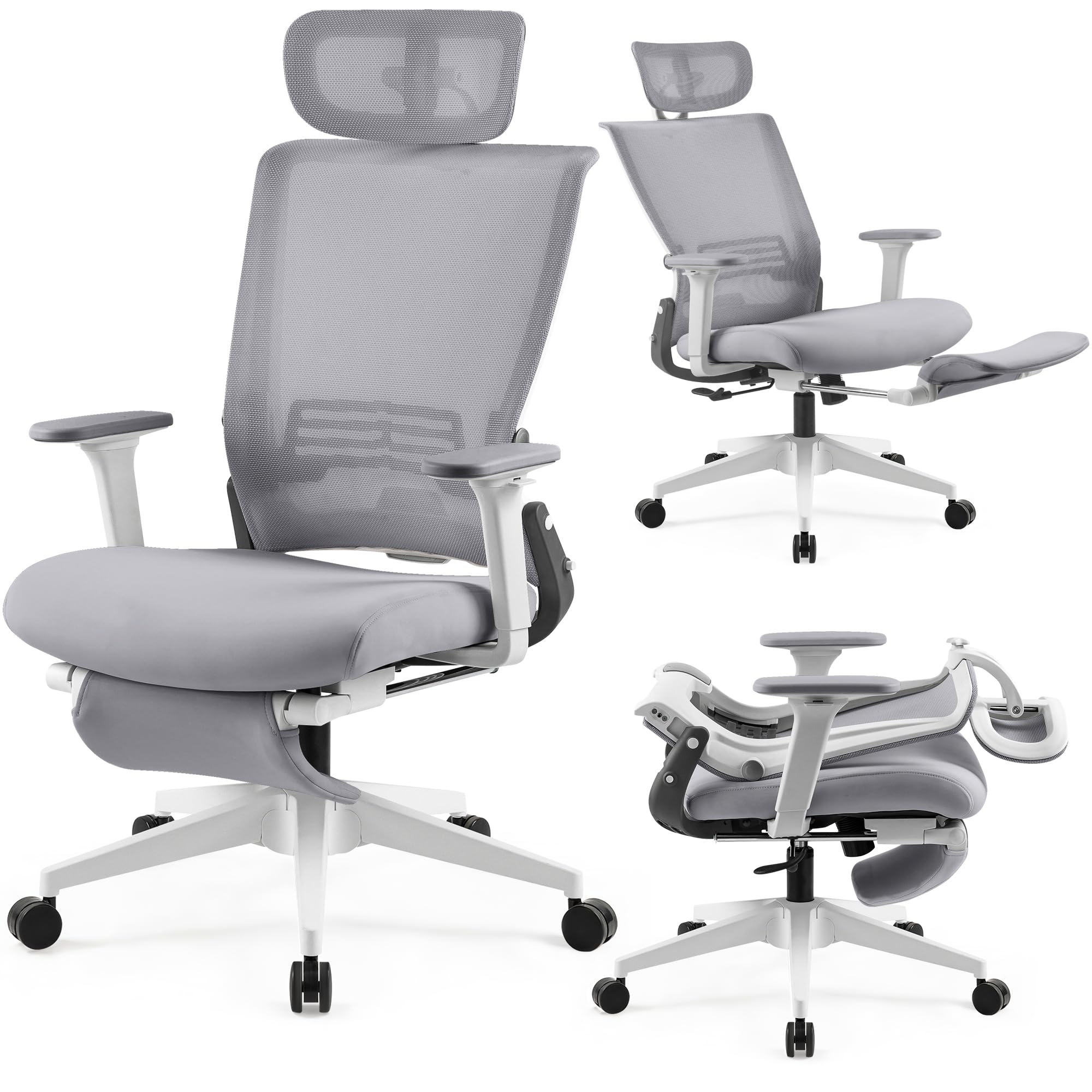 Foldable Office Chair with Foot Rest, Ergonomic Office Chair with Adjustable Lumbar Support, Headrest, Armrest, Home Office Desk Chairs for Space Saving, Grey