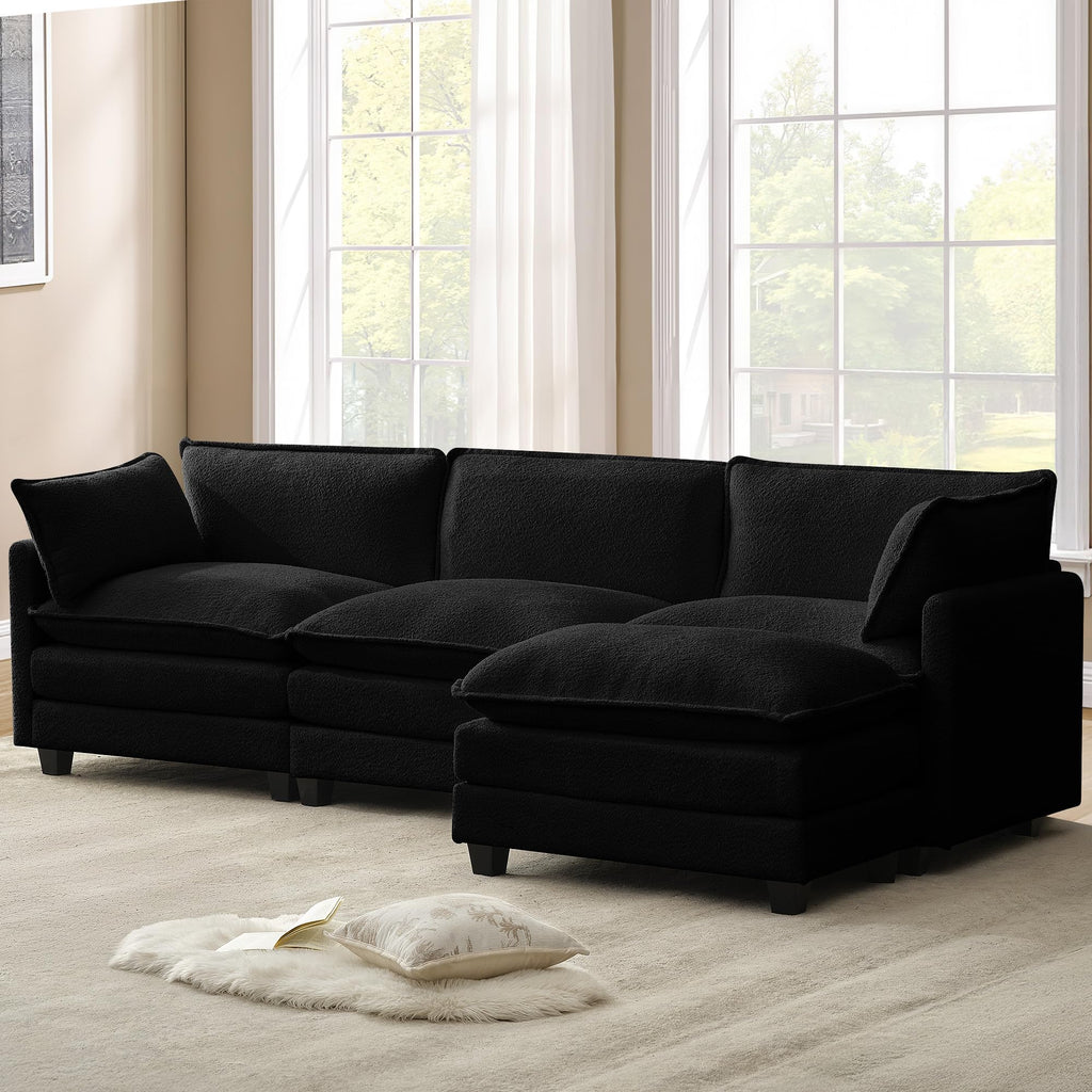 112'' Modular Sectional Cloud Couch with Movable Ottoman, 4 Seat Modern Chenille Sofa with 2 Throw Pillows, Deep Seat L Shaped Couch for Living Room Bedroom Apartment, Black