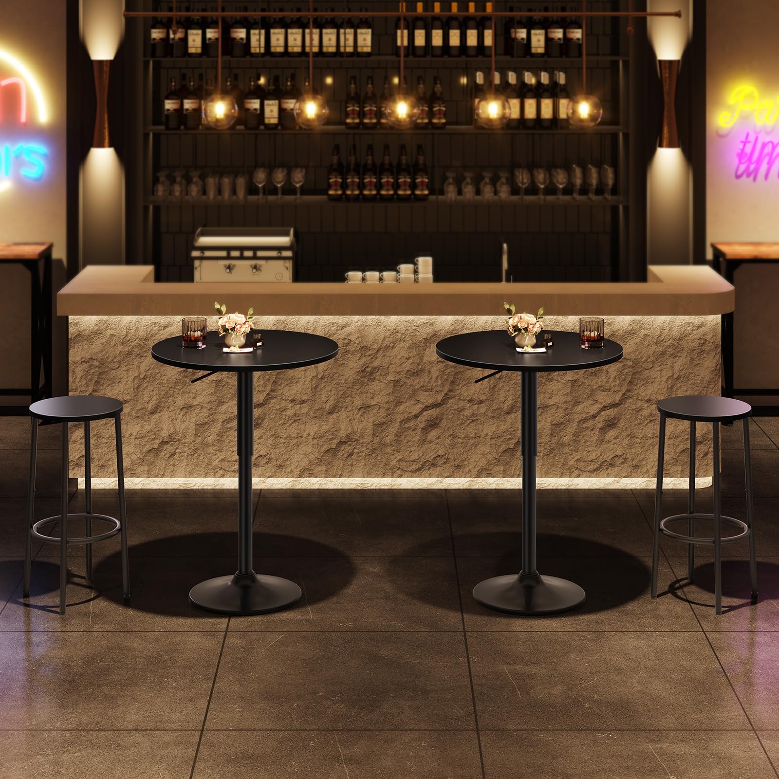 2 Pcs Bar Table, Height-Adjustable Round Pub Table 27-35.4 Inches with Sturdy Base, Modern Style Bar Table Easy Assembly with Metal Base for Pub, Party and Small Places, Black
