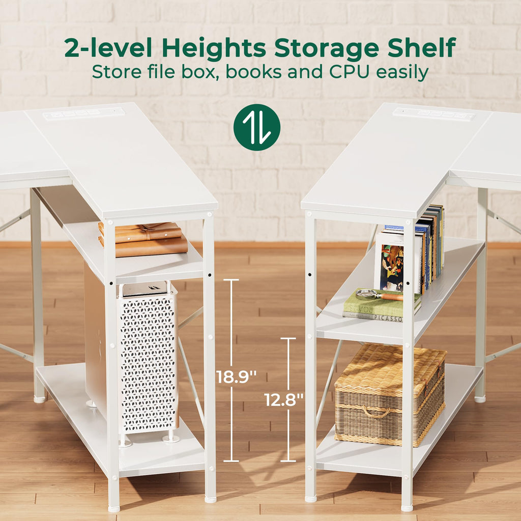 L Shaped Office Desk with Power Outlets, 55 Inch Computer Desk with 3 Drawers, Shelves, Reverisble for Gaming Corner Work Home Office Study, White