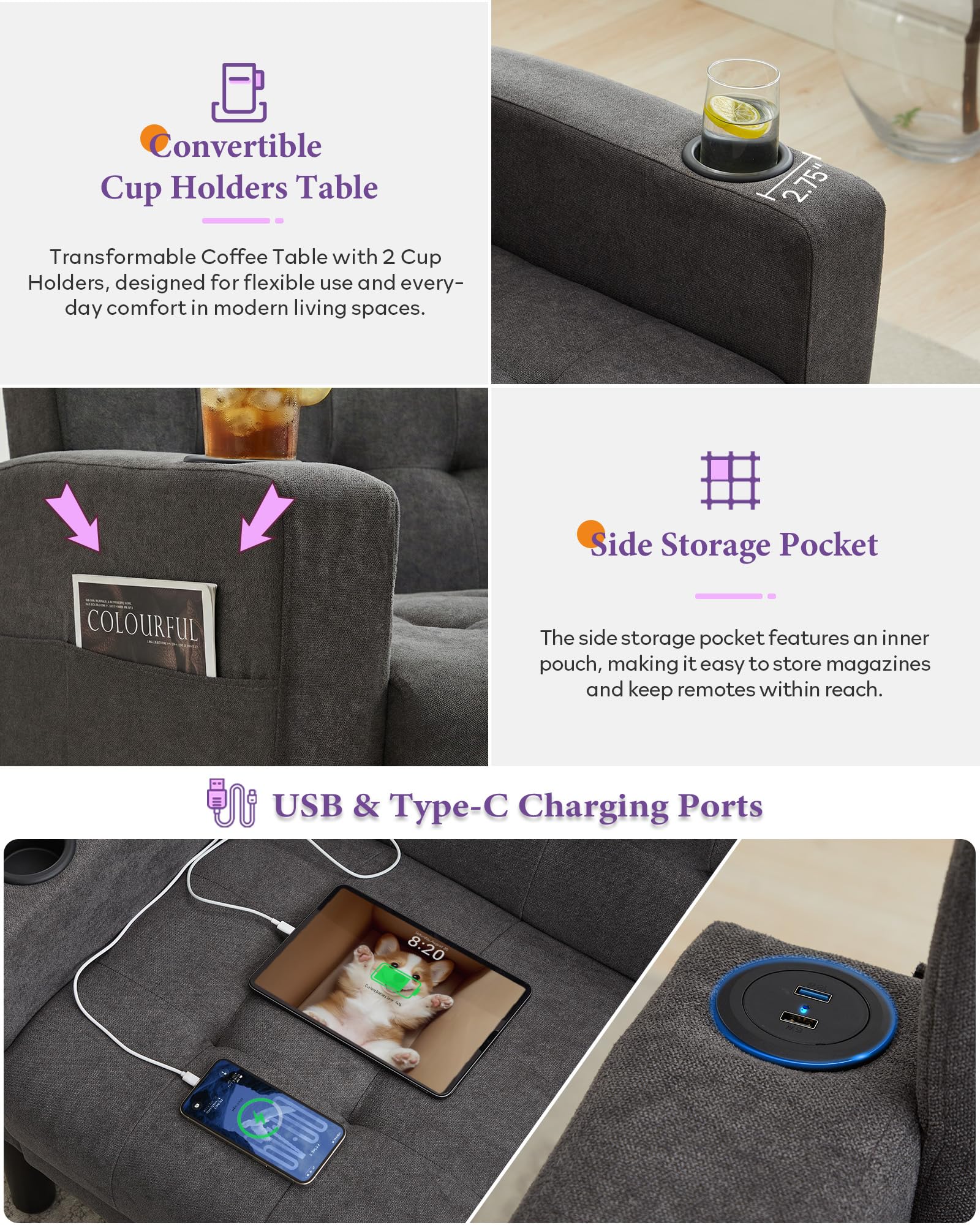 62 Inch Linen Upholstered Tufted Mid-Century Modern Loveseat Sofa w/ 2 USB Charger Ports and 2 Cupholders, Small Love Seat Couches for Living Room, Bedroom, Apartment, Dorm (Dark Grey)