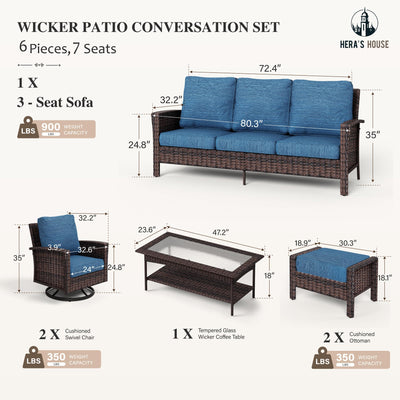 High Back Patio Furniture Set with Swivel Chairs, All Weather Outdoor Wicker Sofa Set, 6 Pieces Patio Conversation Sets with 5.5