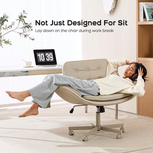Criss Cross Office Chair, PU Leather Vanity Chair with 5-Level Adjustable Armrests & Swivel, Ergonomic Criss Cross Chair for Home Office Bedroom Makeup（Cream）
