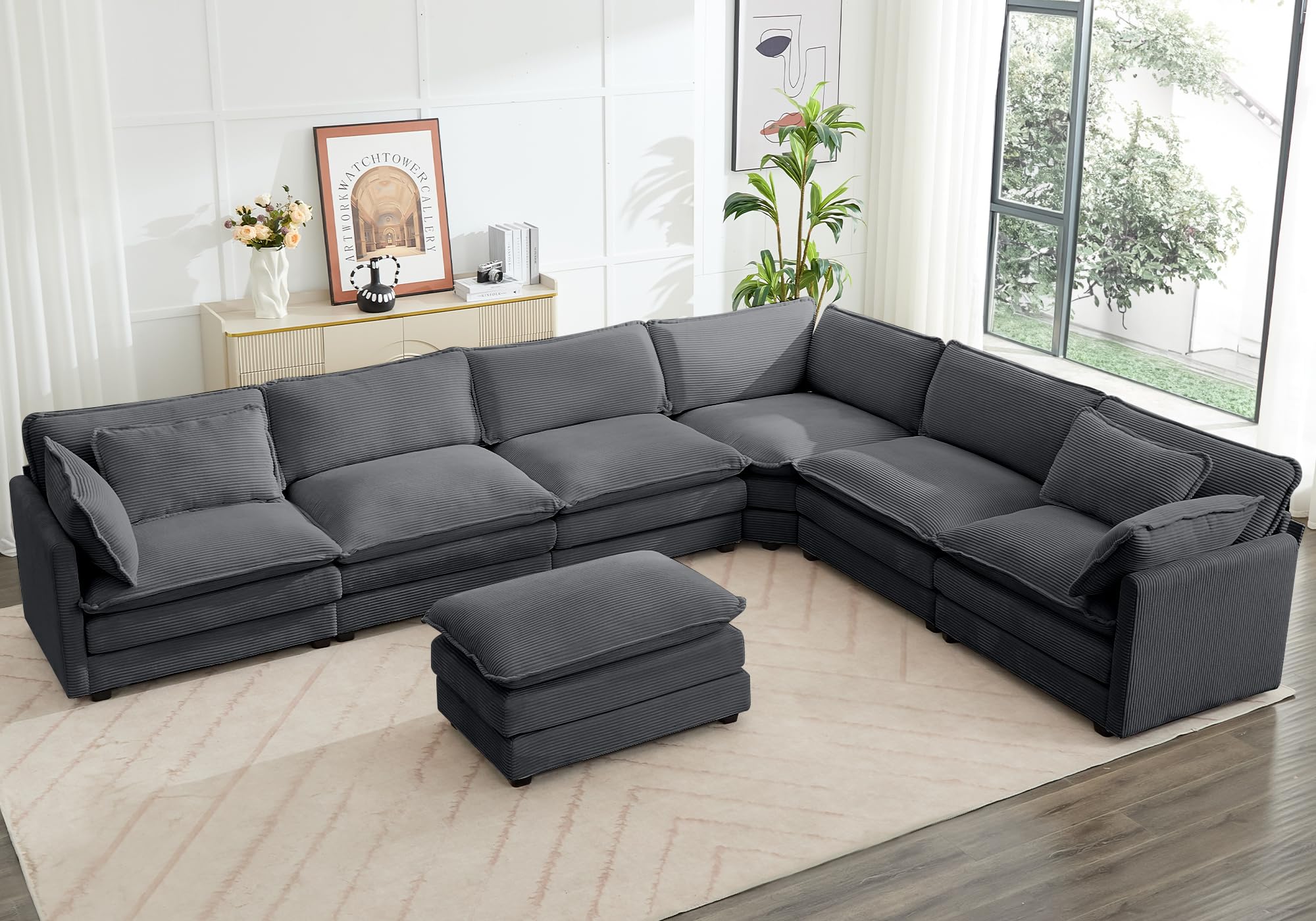 150'' Modular Sectional Corner Cloud Couch, 7 Seater Sofa Big Comfy Corduroy V Shaped Couch with 4 Throw Pillows, Movable Ottoman, Couches for Living Room Office Dark Grey