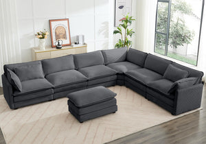 150'' Modular Sectional Corner Cloud Couch, 7 Seater Sofa Big Comfy Corduroy V Shaped Couch with 4 Throw Pillows, Movable Ottoman, Couches for Living Room Office Dark Grey