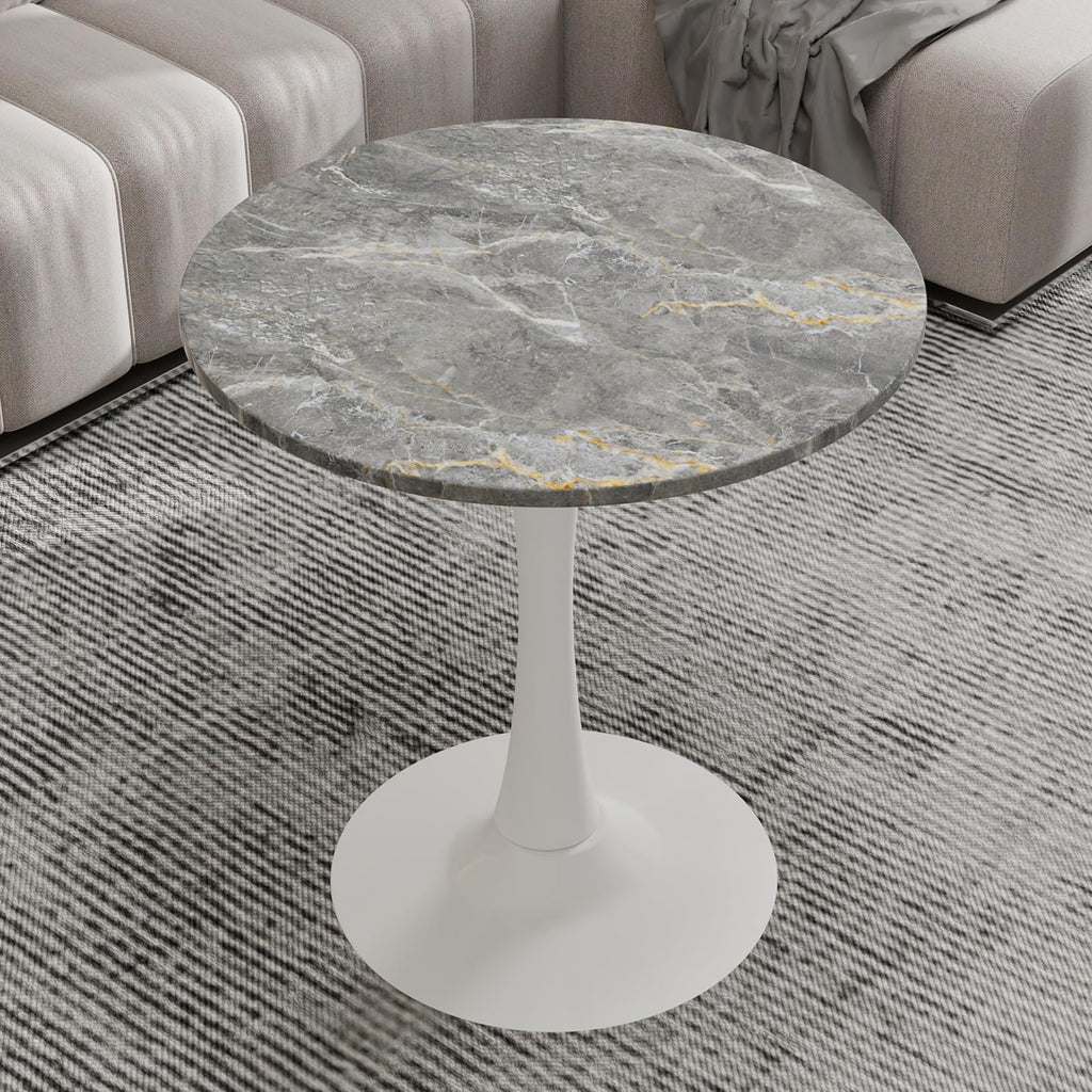 27.6" Marble Round Tulip Table, Mid-Century Modern Style Dining Table with White Pedestal Base for 2-4 People, Featuring A Marble Tabletop for Kitchen, Dining Room, Cafe (Dark Grey)