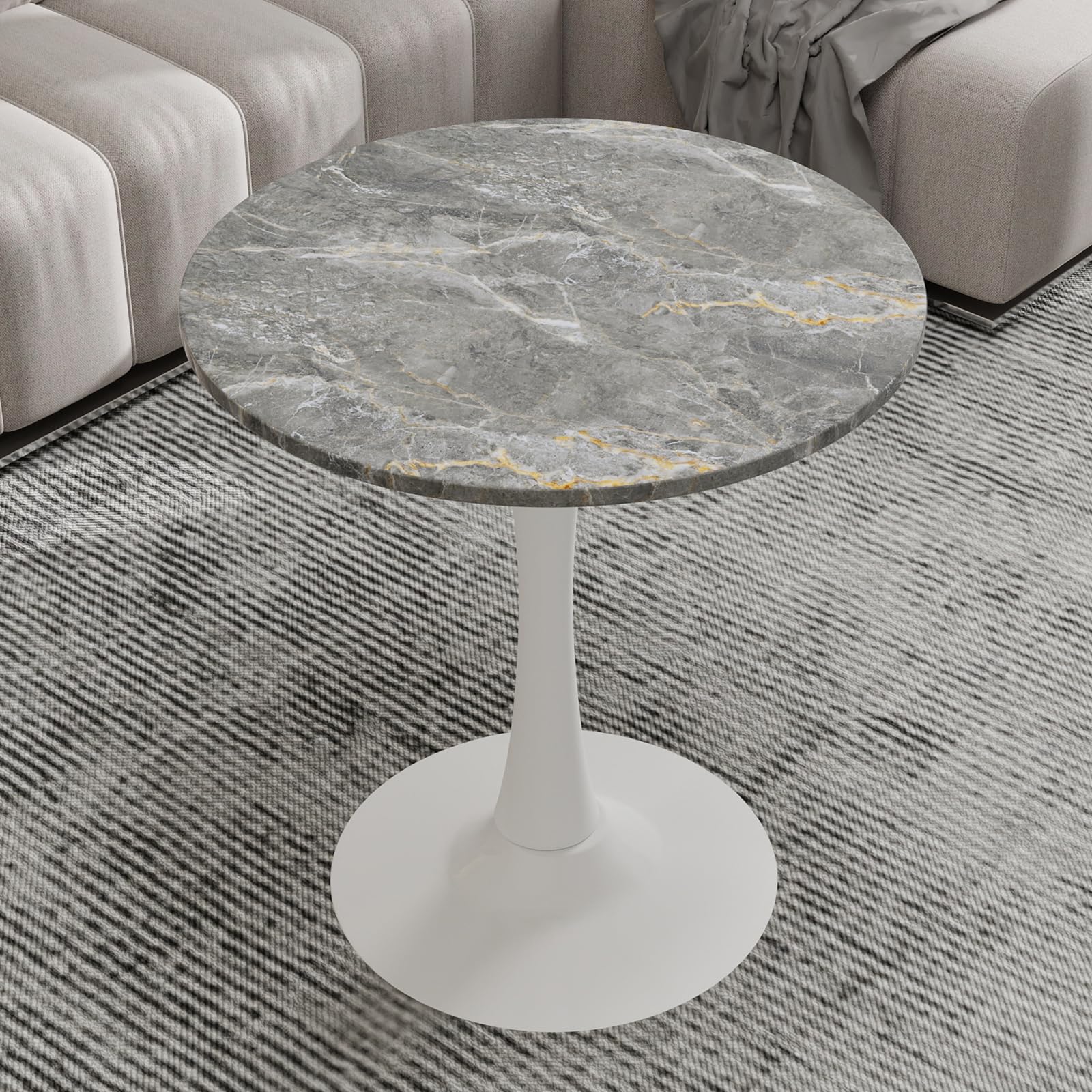 27.6" Marble Round Tulip Table, Mid-Century Modern Style Dining Table with White Pedestal Base for 2-4 People, Featuring A Marble Tabletop for Kitchen, Dining Room, Cafe (Dark Grey)