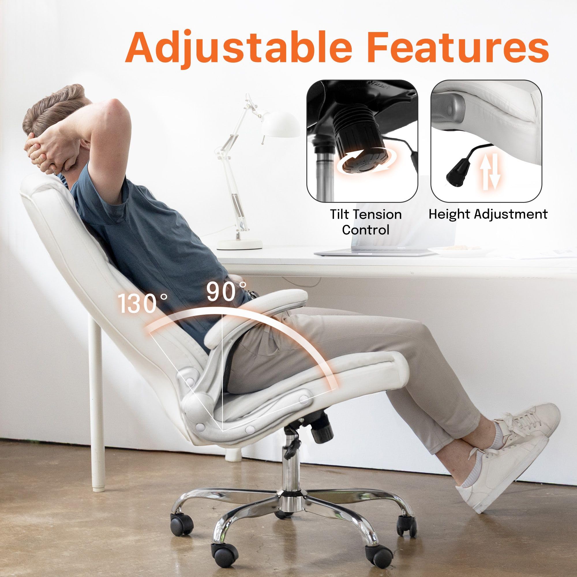 Office Desk Gaming Computer Home Chair Ergonomic Executive High Back Support Flip-up Arms Adjustable Height Swivel Rolling Wheels Comfy PU Leather (White)