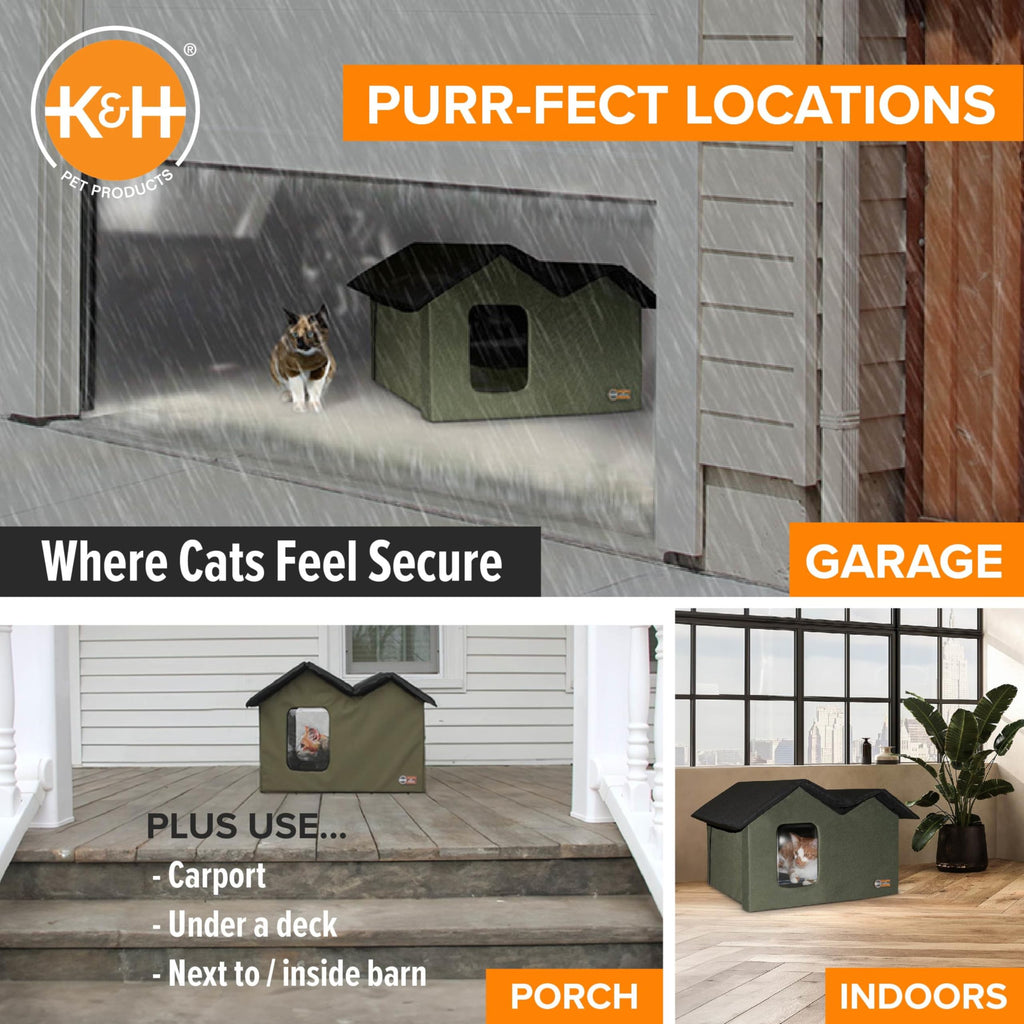 Extra-Wide Outdoor Cat House for Outside Pets, Weatherproof Outdoor House for Large Cats, Insulated Kitty Shelter, 2 Doors, Waterproof Removable Floor Pad, Unheated - Olive