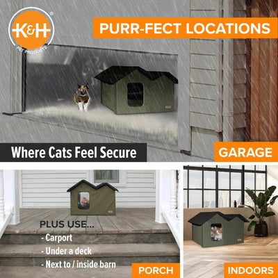 Extra-Wide Outdoor Cat House for Outside Pets, Weatherproof Outdoor House for Large Cats, Insulated Kitty Shelter, 2 Doors, Waterproof Removable Floor Pad, Unheated - Olive