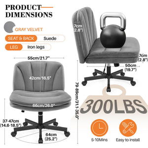 Criss Cross Chair with Wheels, Cross Legged Office Chair, Armless Wide Vanity Desk Chair with 2 Layer Comfty Velvet & Back - Swivel for Home Office Bedroom, Velvet Gray