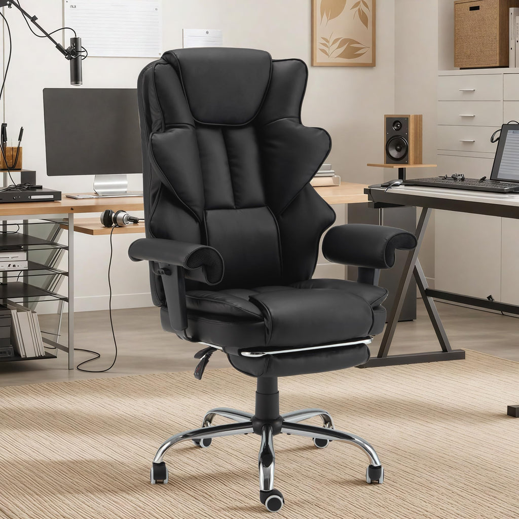 Ergonomic Executive Office Chair with 6-Point Vibration & Heat - Reclining Managerial Chair with Adjustable Footrest and Armrests,Big and Tall Leather Home Office Desk Chairs(Black)