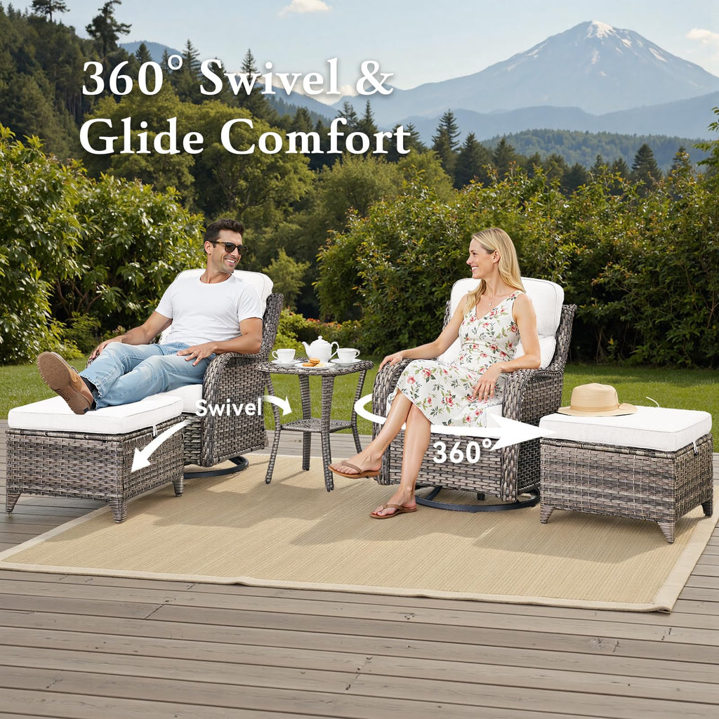 Luxury 6" Thick Cushioned 5 Pieces Patio Furniture Set with 2 Ottomans, Wicker Outdoor Conversation Set with High Back Swivel Rocker Patio Chairs for Deck Porch Yard and Poolside - Grey+Beige