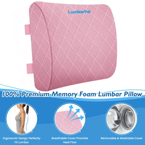 Lumbar Support Pillow for Office Chair Back Support Lumbar Pillow for Car, Gaming, Office Chair - Improve Sitting Posture & Back Pain Relief, Memory Foam, Adjustable Straps, Pink