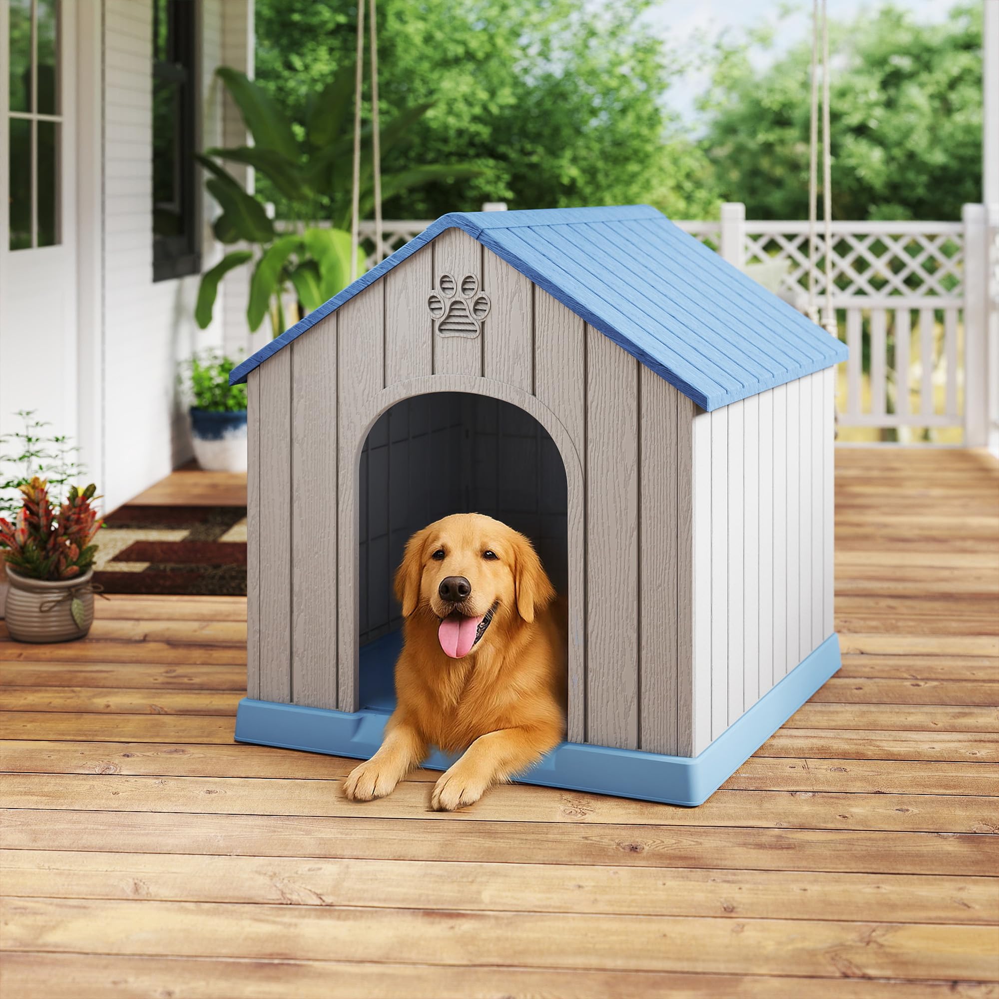Large Dog House Indoor Outdoor Waterproof,Puppy Shelter with Air Vents and Elevated Floor,Sturdy Dog Kennel for Small to Large Sized Dogs, Easy to Assemble (Blue, 38.62×36.26×38.07 Inches)