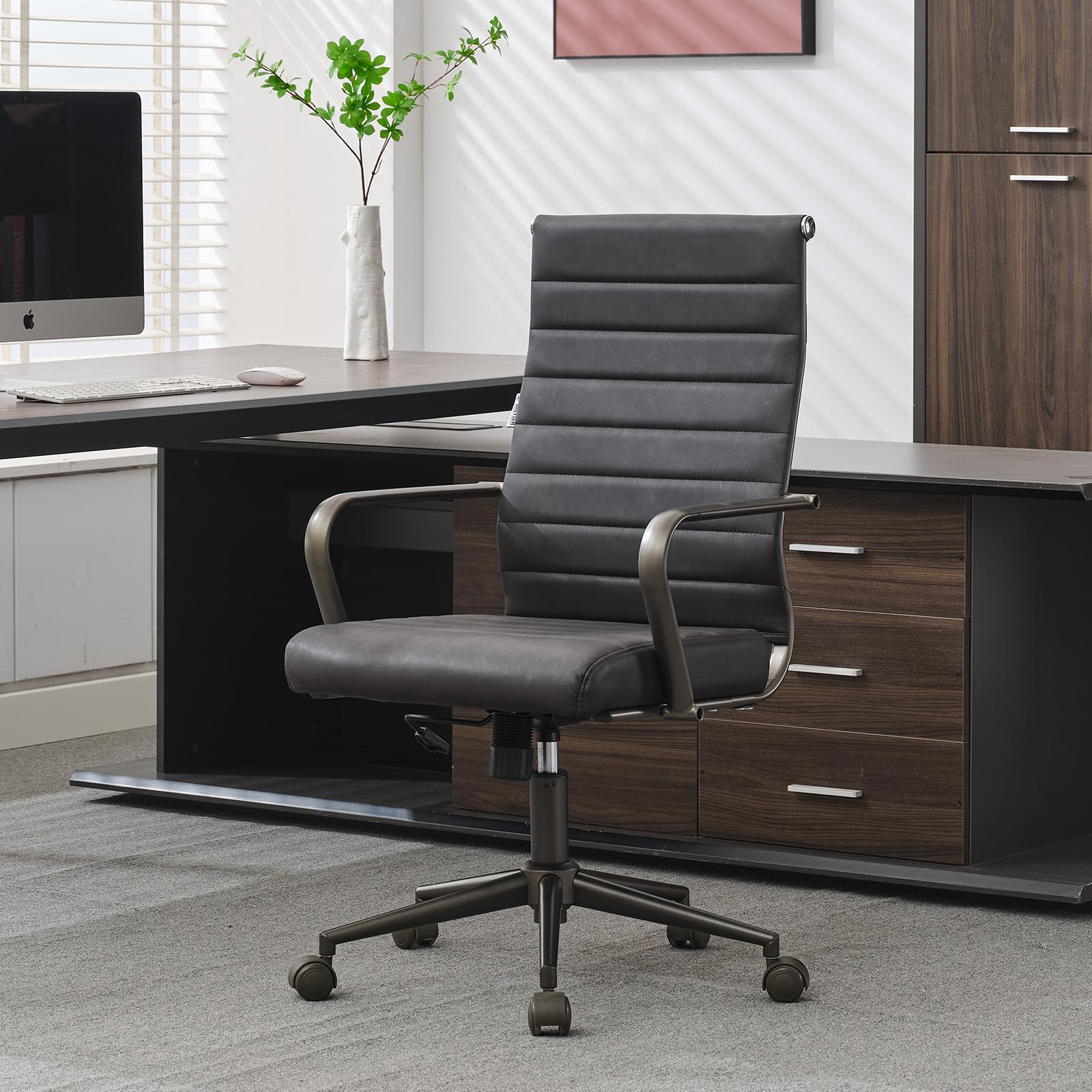 Leather Office Desk Chair, Ergonomic Mid Century Modern Conference Room Chairs, Executive Ribbed Height Adjustable Swivel Rolling Chair for Home Office.