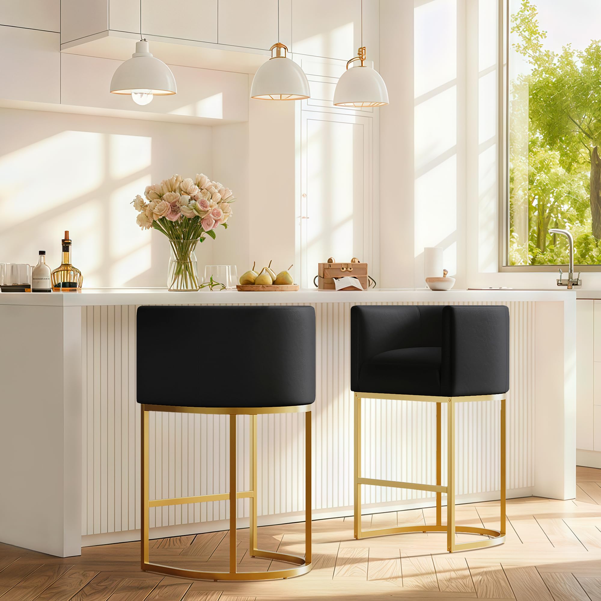 Modern Counter Height Bar Stools,Bar Stools Set of 4,PU Leather Upholstered Barrel Barstools with Backs,24'' Kitchen Island Chairs,Metal Gold Frames,Ink Black Leather
