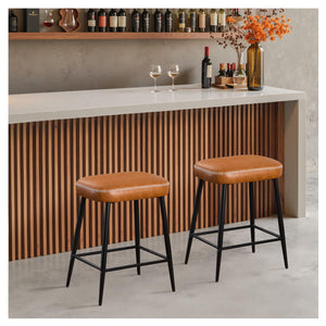 24 Inch Bar Stools Set of 2, Counter Height Bar Stool for Kitchen Island, Metal Bar Stools for Counter, Modern Kitchen Stools with Sturdy Metal Base and Adjustable Foot Pins, Brown