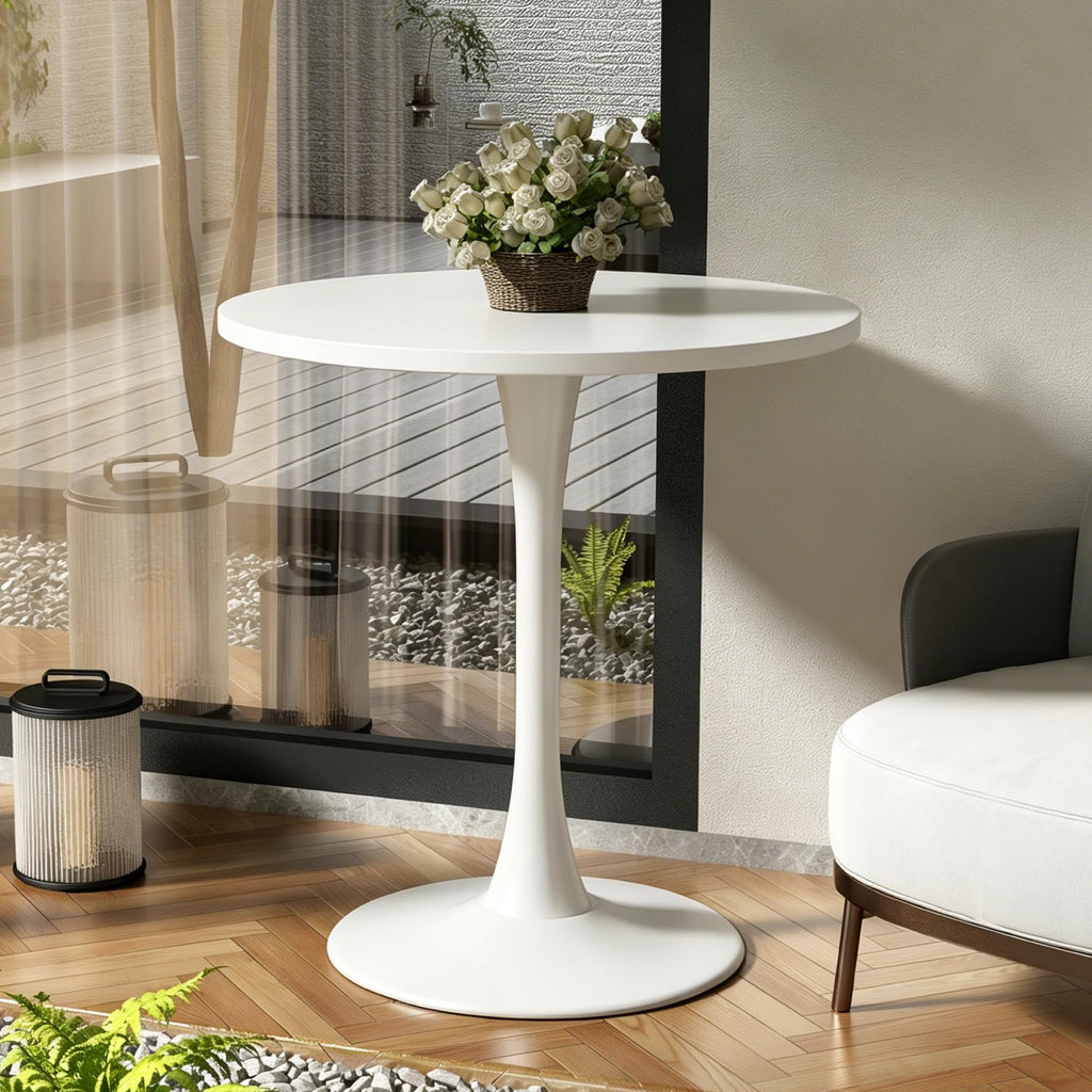 Round Dining Table 27.5" Circle Tulip Table with Wood Thickened Tabletop & Sturdy Metal Pedestal Mid Century Modern Leisure Bistro Kitchen Tables 4 People Small Places Living Room Cafe,White