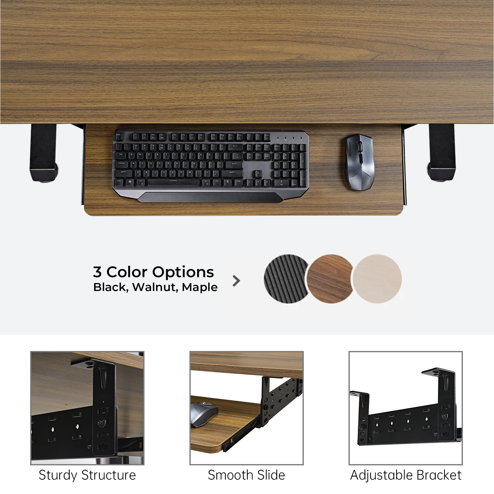 Adjustable Keyboard Tray Under Desk, 28x11 Inch Large Slide Out Keyboard & Mouse Platform Tray, Wooden Pull Out Computer Keyboard Drawer for Typing Home Office Desk, Walnut