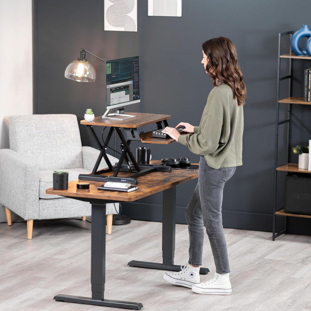 26 inch Desk Converter, K Series, Height Adjustable Sit to Stand Riser, Dual Monitor and Laptop Workstation with Keyboard Tray, Rustic Vintage Brown Top, Black Frame, DESK-V026KN