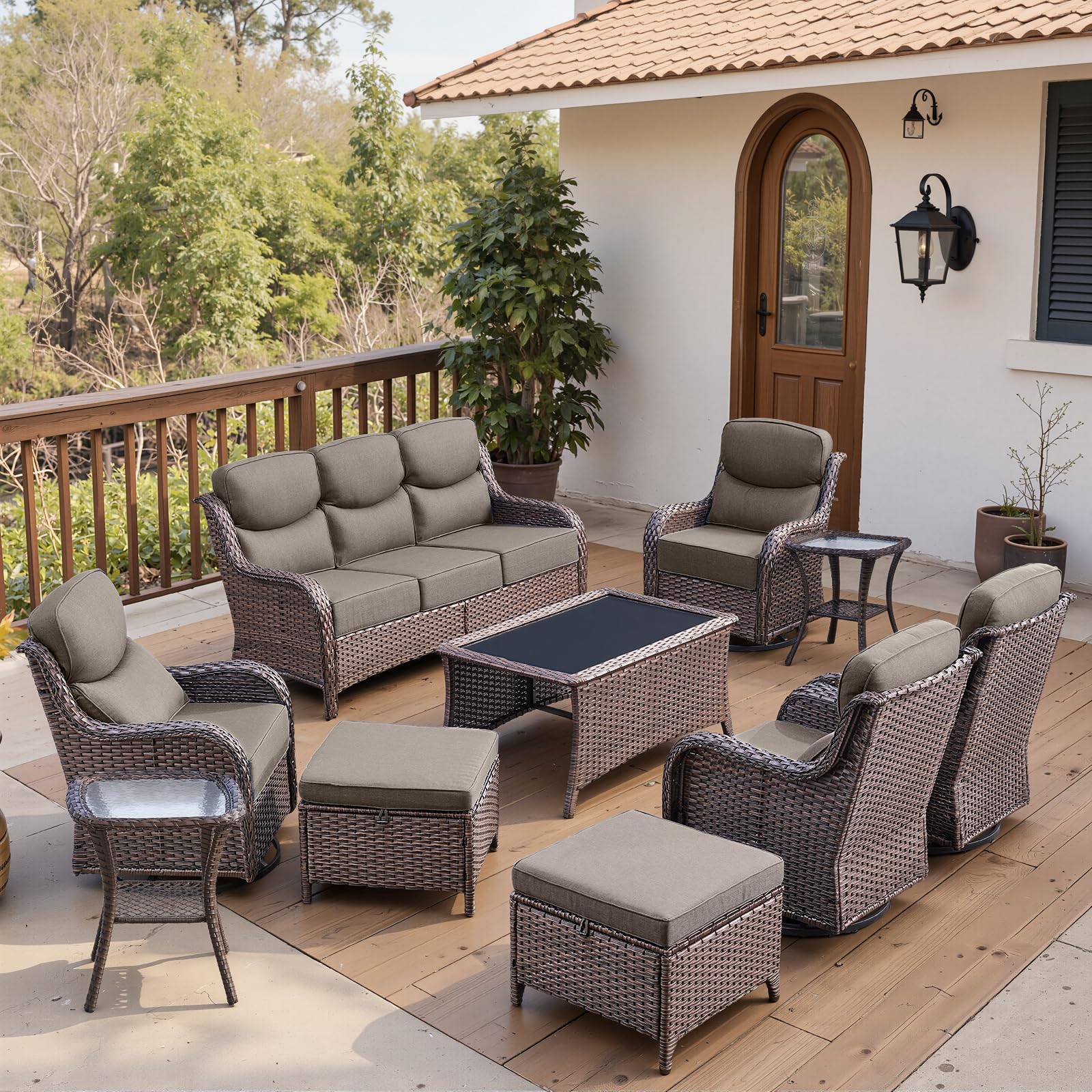 Luxury 6" Thick Cushioned 10 Pieces Patio Furniture Set with Outdoor Couch, Wicker Outdoor Conversation Set with High Back Swivel Rocker Chairs for Deck Porch Yard and Poolside - Brown+Grey