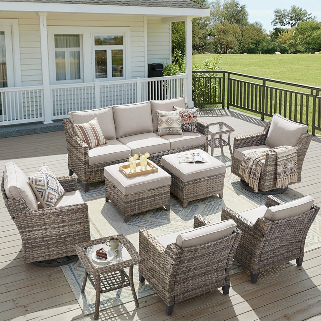 9 Piece Patio Furniture Set-All Weather Outdoor Conversation Sets Sectional Sofa with Wicker Swivel Rocker Patio Chairs, Comfy Cushions Ottomans for Porch Balcony Patio Grey/Beige