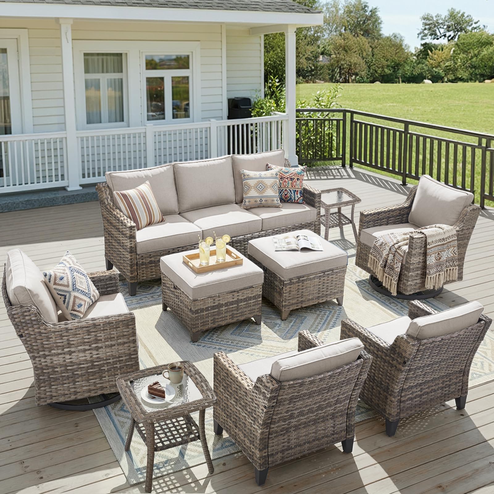 9 Piece Patio Furniture Set-All Weather Outdoor Conversation Sets Sectional Sofa with Wicker Swivel Rocker Patio Chairs, Comfy Cushions Ottomans for Porch Balcony Patio Grey/Beige