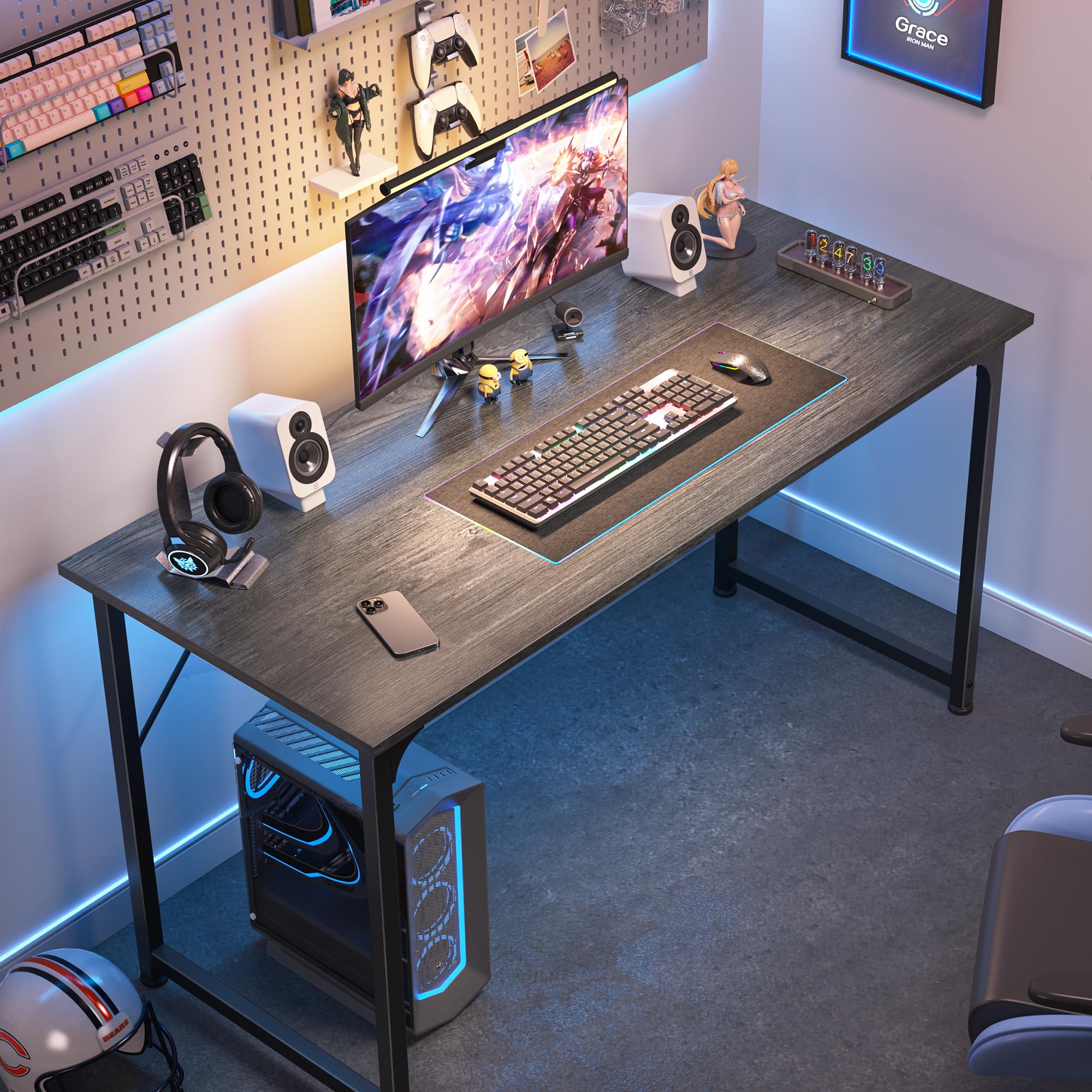 Computer Desk, 48 Inch Office Desk, Gaming Desk with Storage, Writing Desk Work Desk for Home Office, Study, Modern Simple Desk, Large Legroom, Metal Frame, Grey