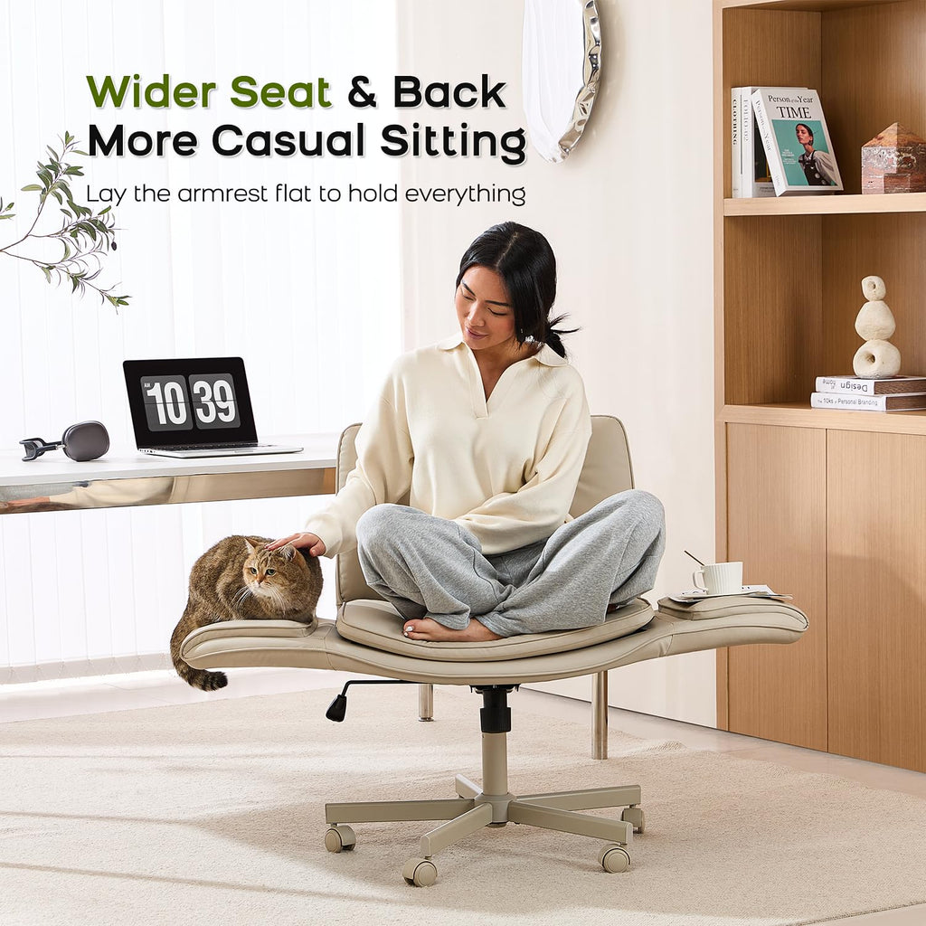 Criss Cross Office Chair, PU Leather Vanity Chair with 5-Level Adjustable Armrests & Swivel, Ergonomic Criss Cross Chair for Home Office Bedroom Makeup（Cream）