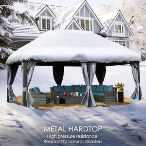 12' x 20' Hardtop Gazebo, Aluminum Frame with Galvanized Steel Double Roof, Outdoor Permanent Pavilion with Curtains and Netting for Patio, Backyard, Deck, Lawn(Gray)