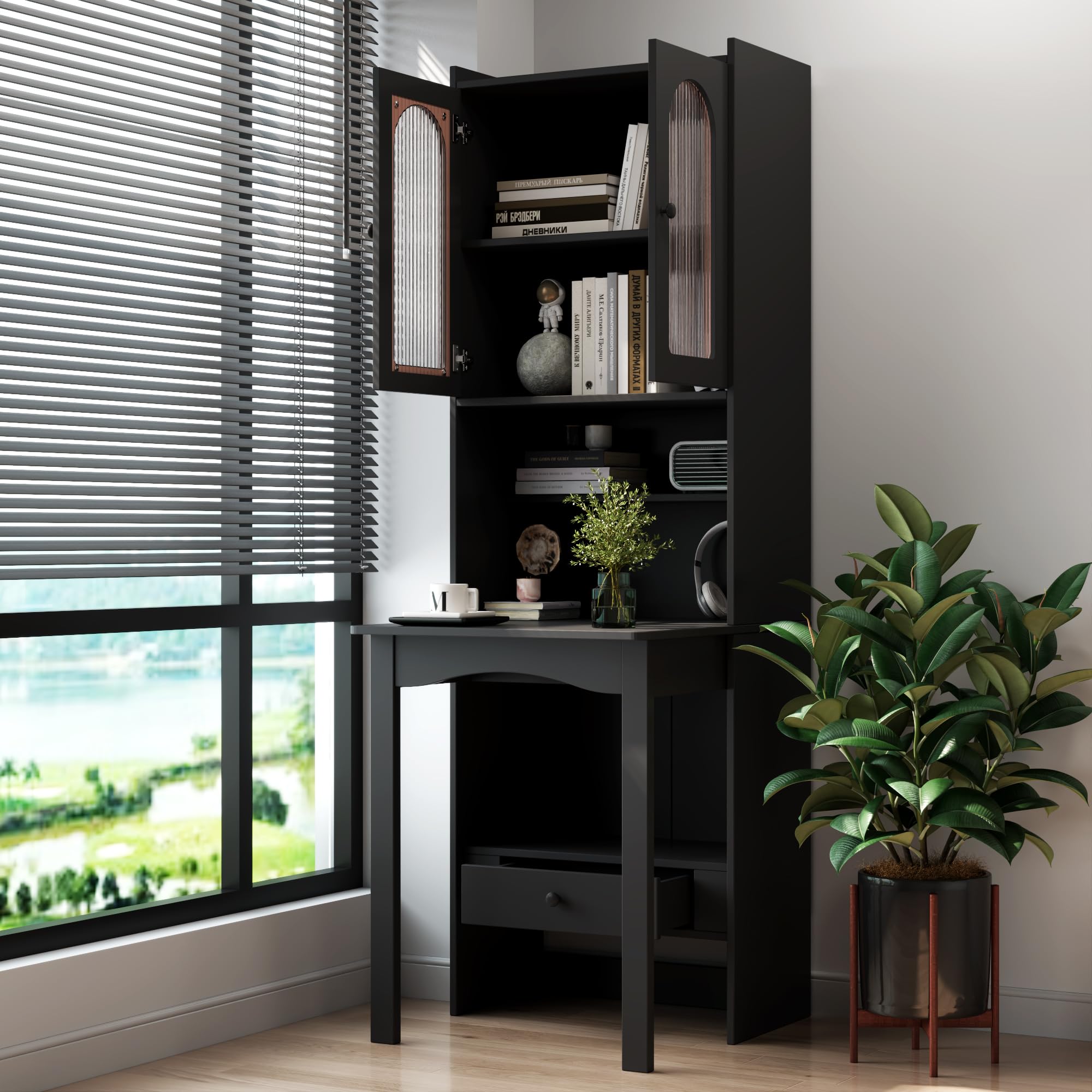 Fold-Out Home Office Desks Writing Table with Glass Doors, Drawers, Bookshelf & Storage Shelves, Modern Wooden Convertible Workstation for Work, Study