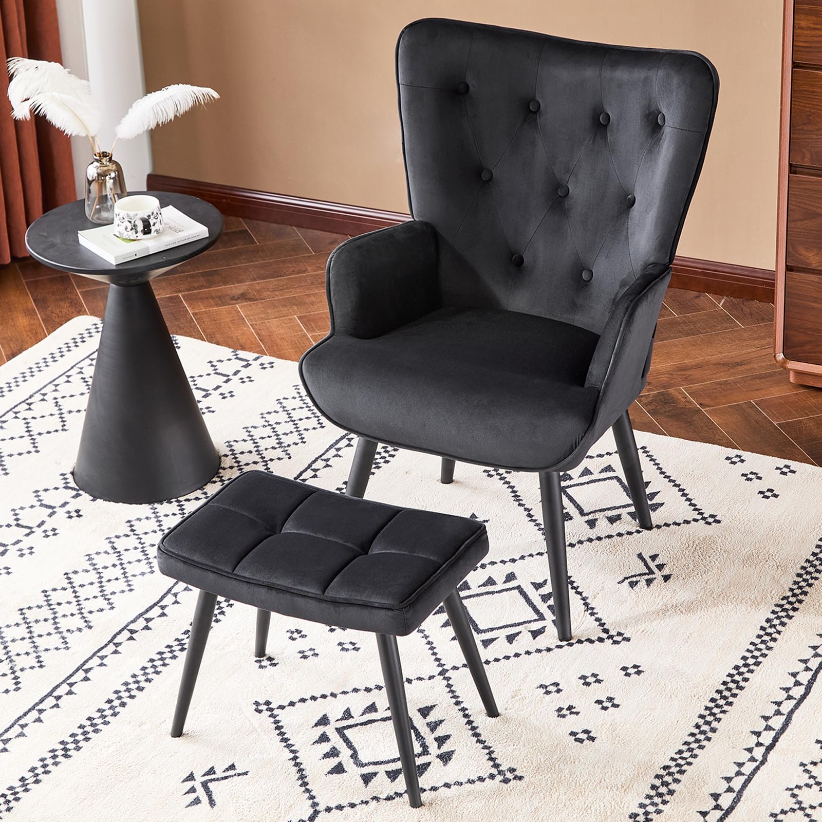 Velvet Accent Chair with Ottoman, Upholstered Reading Chair with High Backrest, Tufted-Button Wingback Armchair for Bedroom, Dressing Room, Home Office, Black