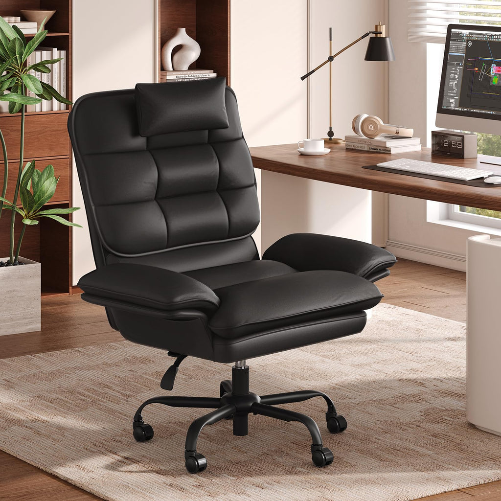 Cross Legged Office Chair Criss Cross Chair with Adjustable Arms 135° Reclining PU Leather Executive Chair with Wheels Big and Tall Computer Desk Chair for Home Office Black