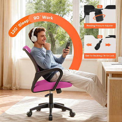 Ergonomic Office Chair | Mid-Back Swivel Desk Chair | Breathable Backrest & Lumbar Support | Adjustable Height | Sponge Seat | Rolling Wheels | Pink | for Adults & Women
