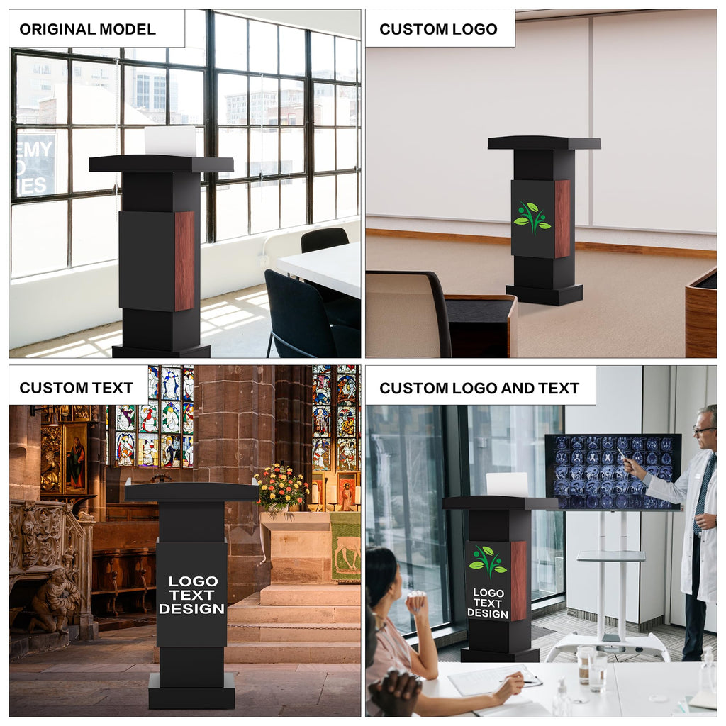 Customizable Logo & Text Podium,Wood Lectern Stand with Adjustable Partition,Church Pulpit with Storage,Mic Stand Space,Wooden Podium for Churches,Seminars and Schools