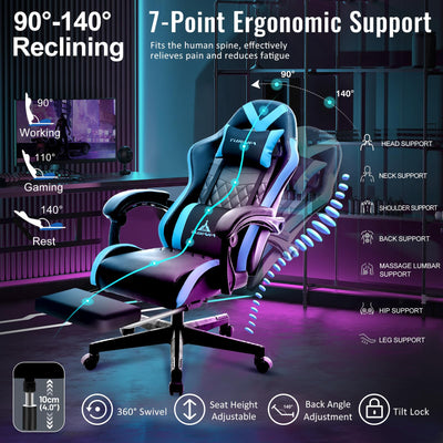 Gaming Chair,Ergonomic Massage Computer Office Desk Chair with Footrest,Pocket Spring Cushion,Reclining Leather Adjustable Gamer Chair with Headrest and Lumbar Support,Blue