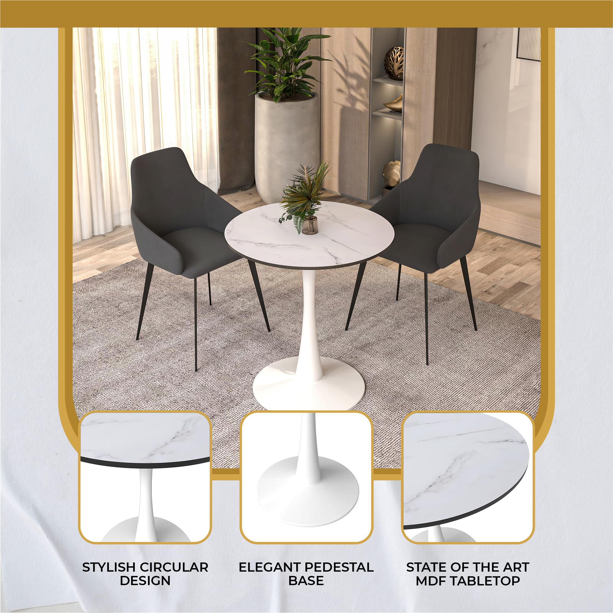 24" Wide Round Dining Table, Modern MDF Wood Top & White Metal Pedestal Base Gloss Finish Accent Table Mid-Century Café Table, Kitchen Dining Room Furniture, Marbled White