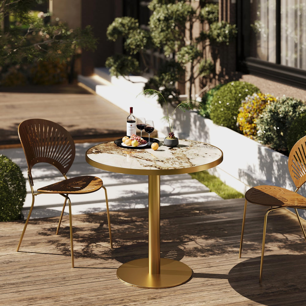 31.5" Tulip Table,Round Kitchen Dining Table for 2-4 with Thick Sintered Stone Top,Titanium Golden Pedestal Base,Heat-Resistant,Bistro Table for Dining Room,Café,Small Space（Cloud Amber）