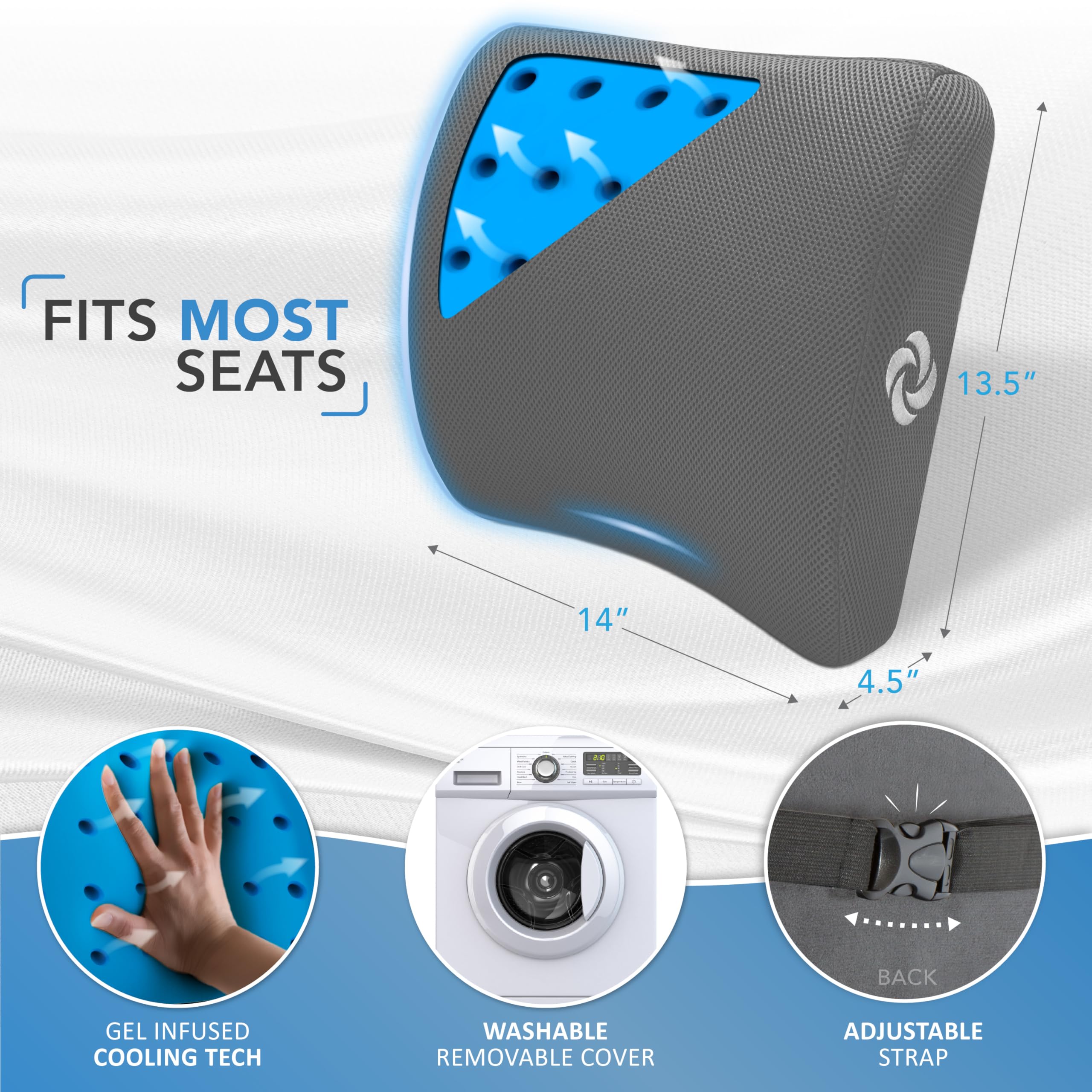 Memory Foam Lumbar Support Pillow for Office Chair, Gaming Chair, or Car-Ergonomic Back Cushion-Home Essentials for Sitting Comfort and Posture Relief Back Support with Cooling Gel, Grey