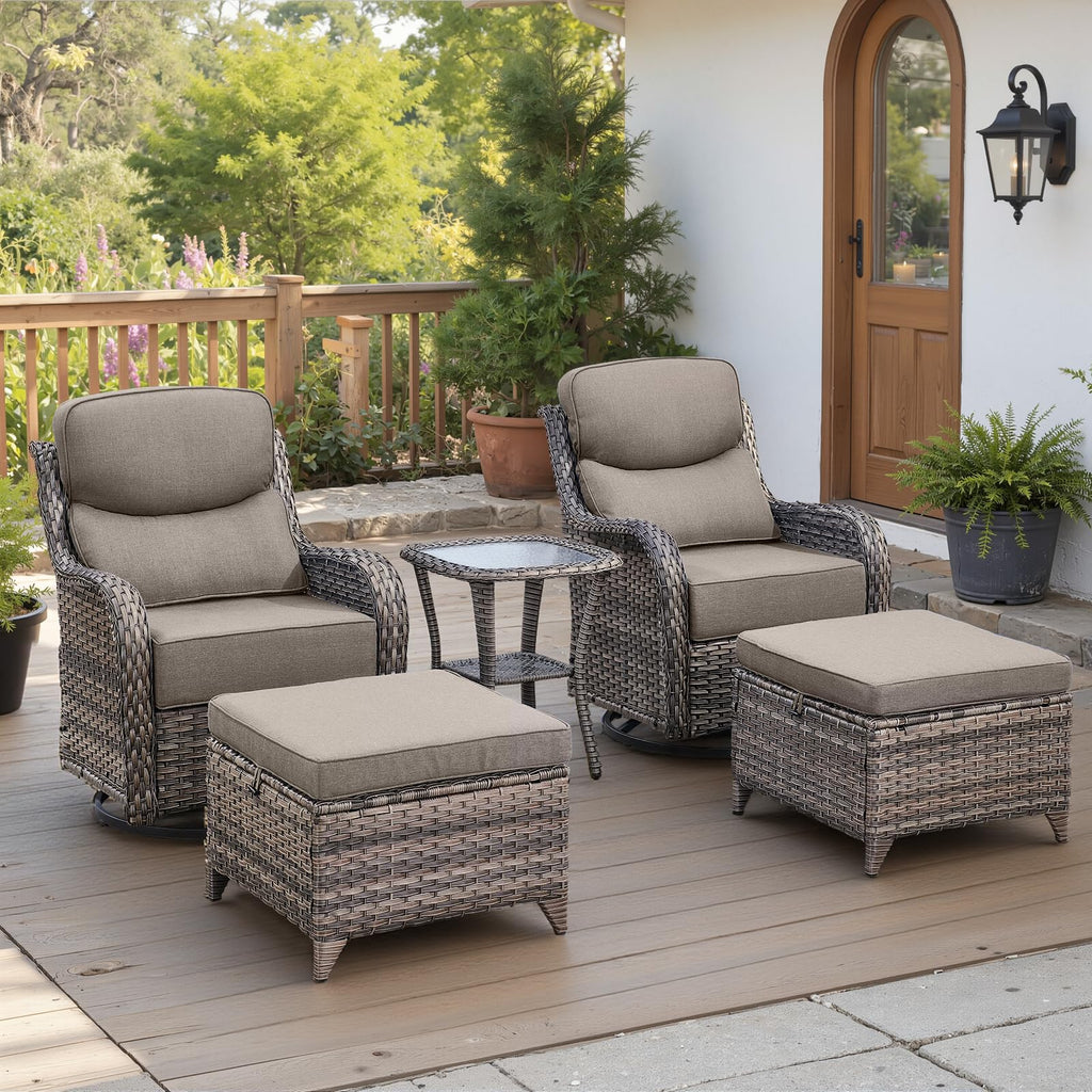 Luxury 6" Thick Cushioned 5 Pieces Patio Furniture Set with 2 Ottomans, Wicker Outdoor Conversation Set with High Back Swivel Rocker Patio Chairs for Deck Porch Yard and Poolside - Grey+Grey