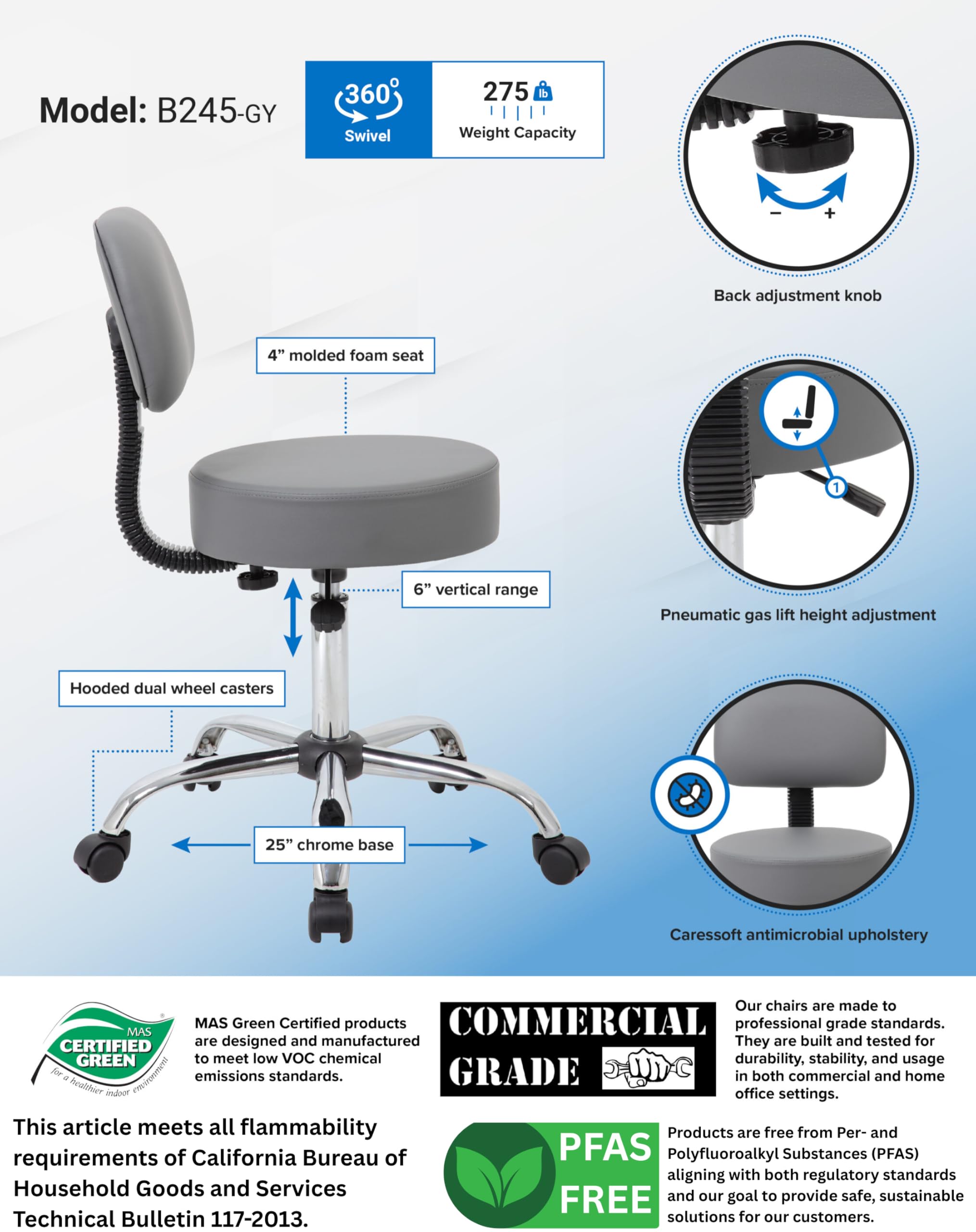 Be Well Medical Spa Professional Adjustable Drafting Stool with Back, Grey (B245-GY)